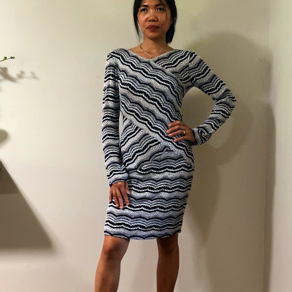 BCBG MAXAZRIA Navy Blue and White Cross Panel Dress Size Small - SEE VID…